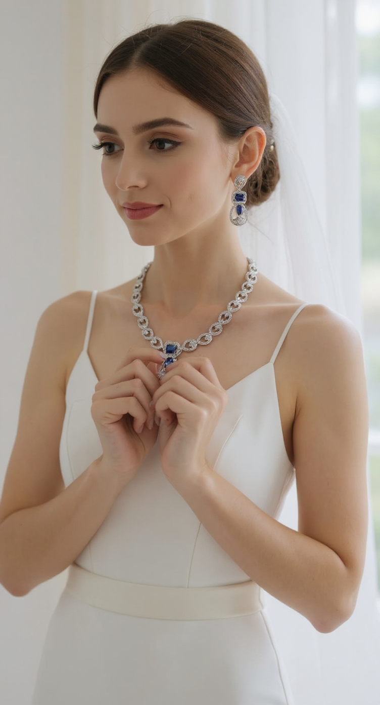 Blue American Diamond Necklace Set. view 3