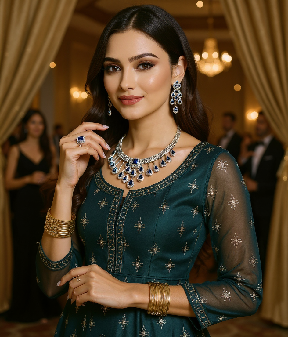 American Diamond Necklace Blue Beautiful Set view 2