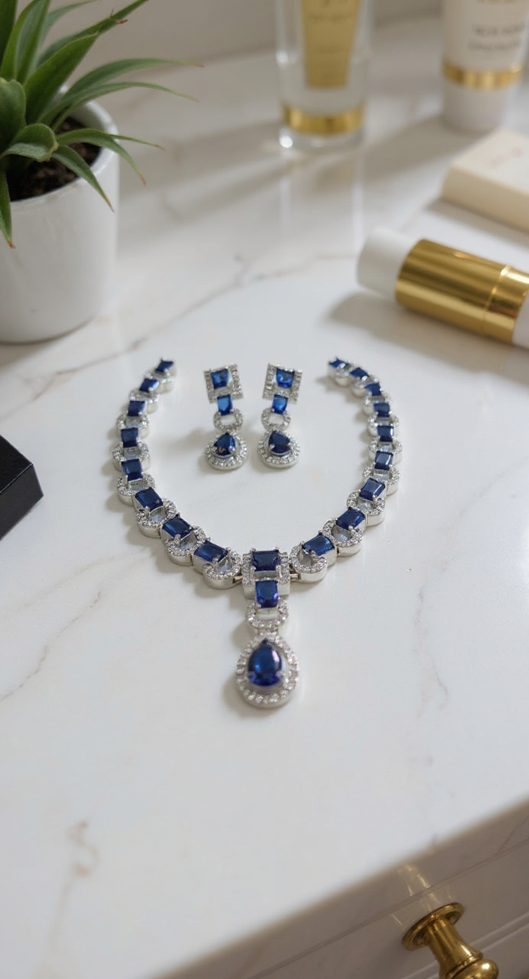 Neavy Blue American Diamond and Sapphire Set view 2
