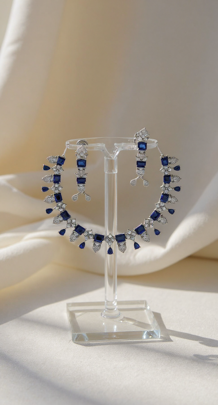 American Diamond Blue Necklace Set view 2
