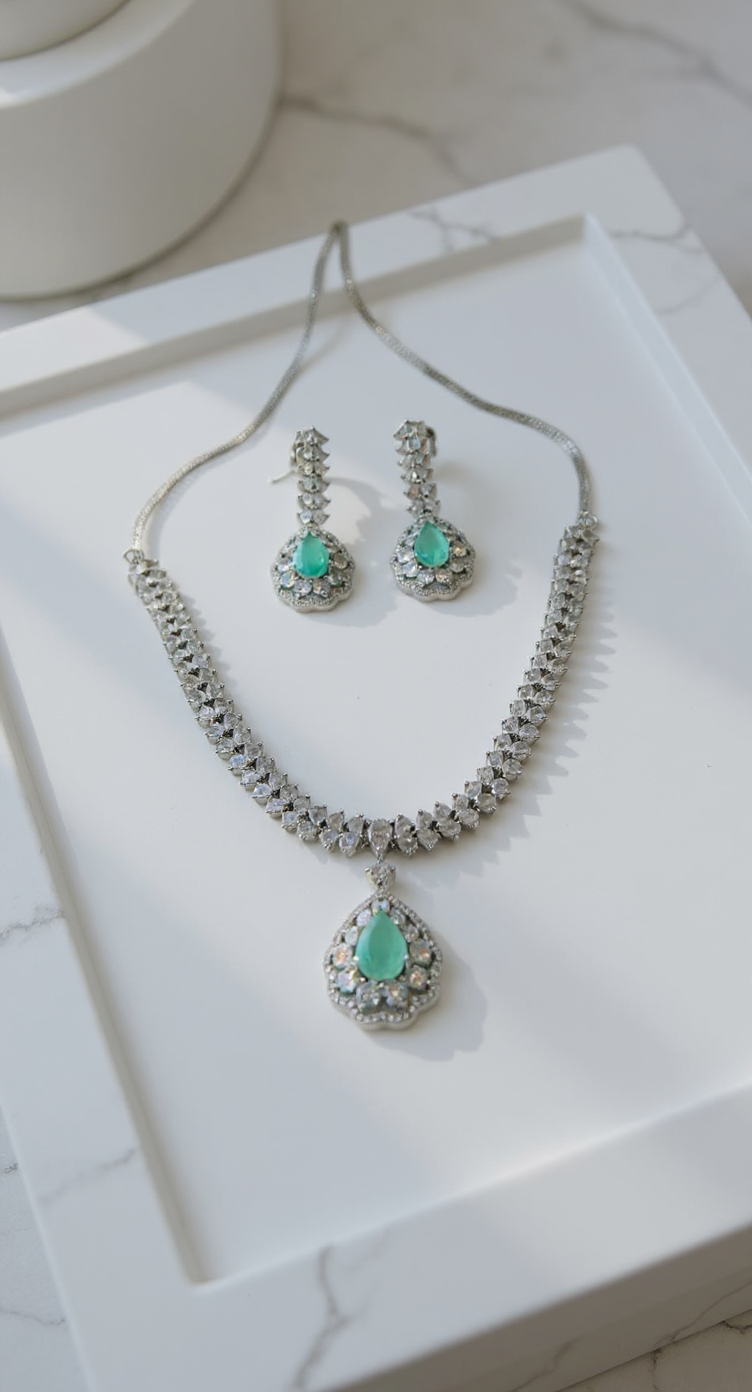 American Diamond Aqua Blue Necklace Set view 2