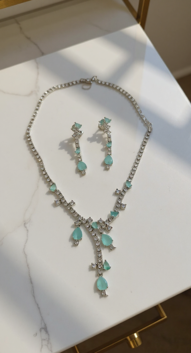 Elegant Aqua Blue American Diamond Necklace Set view 2