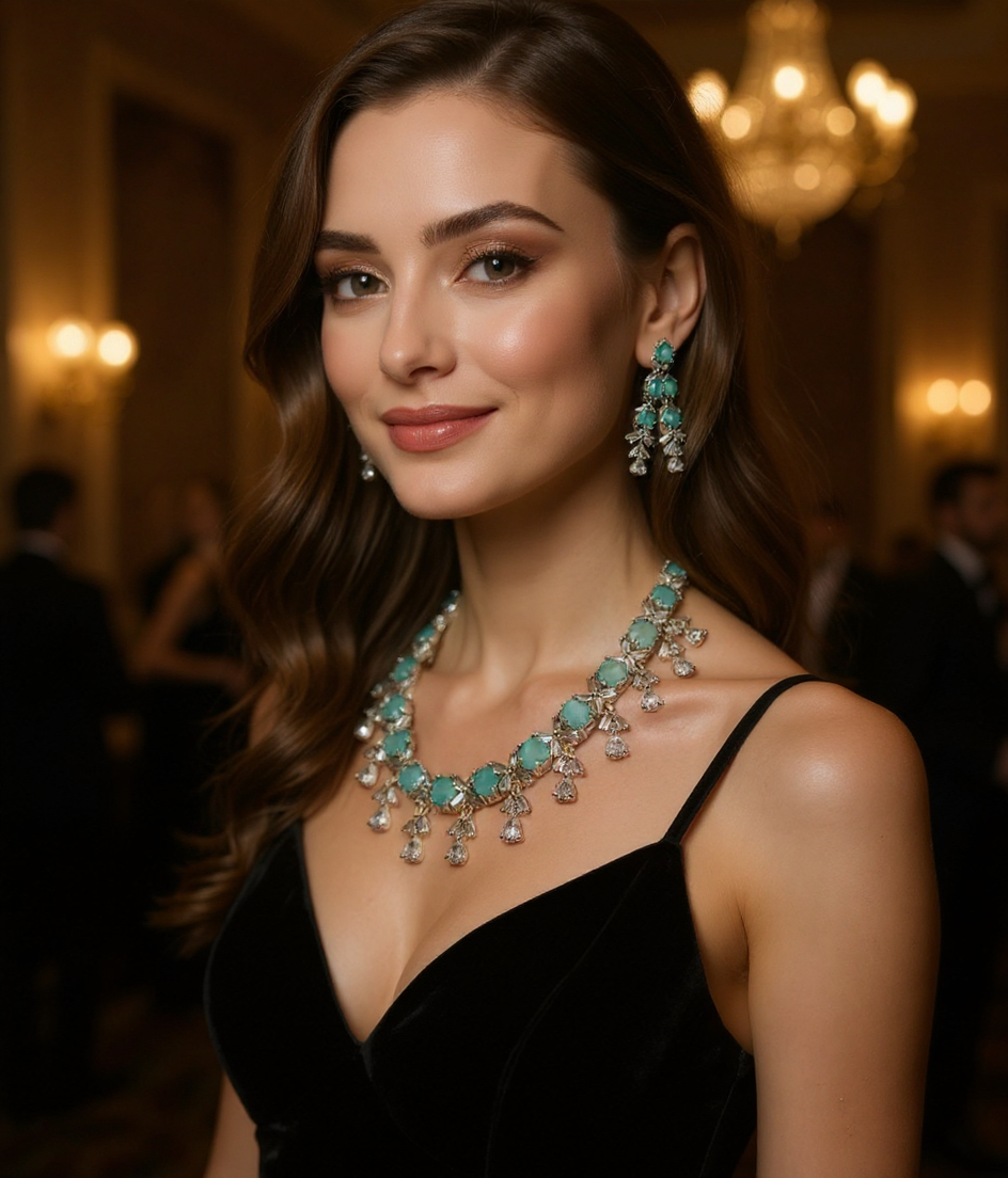 Sparkling American Diamond In Aqua Necklace Set view 4