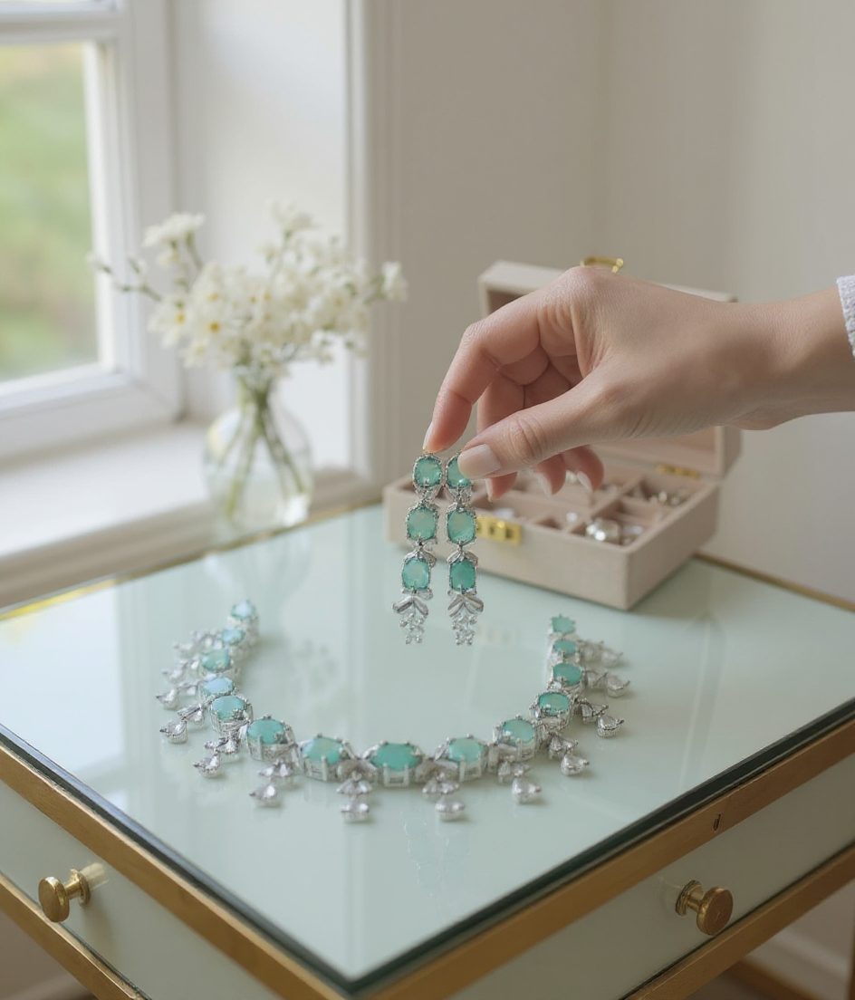Sparkling American Diamond In Aqua Necklace Set view 2
