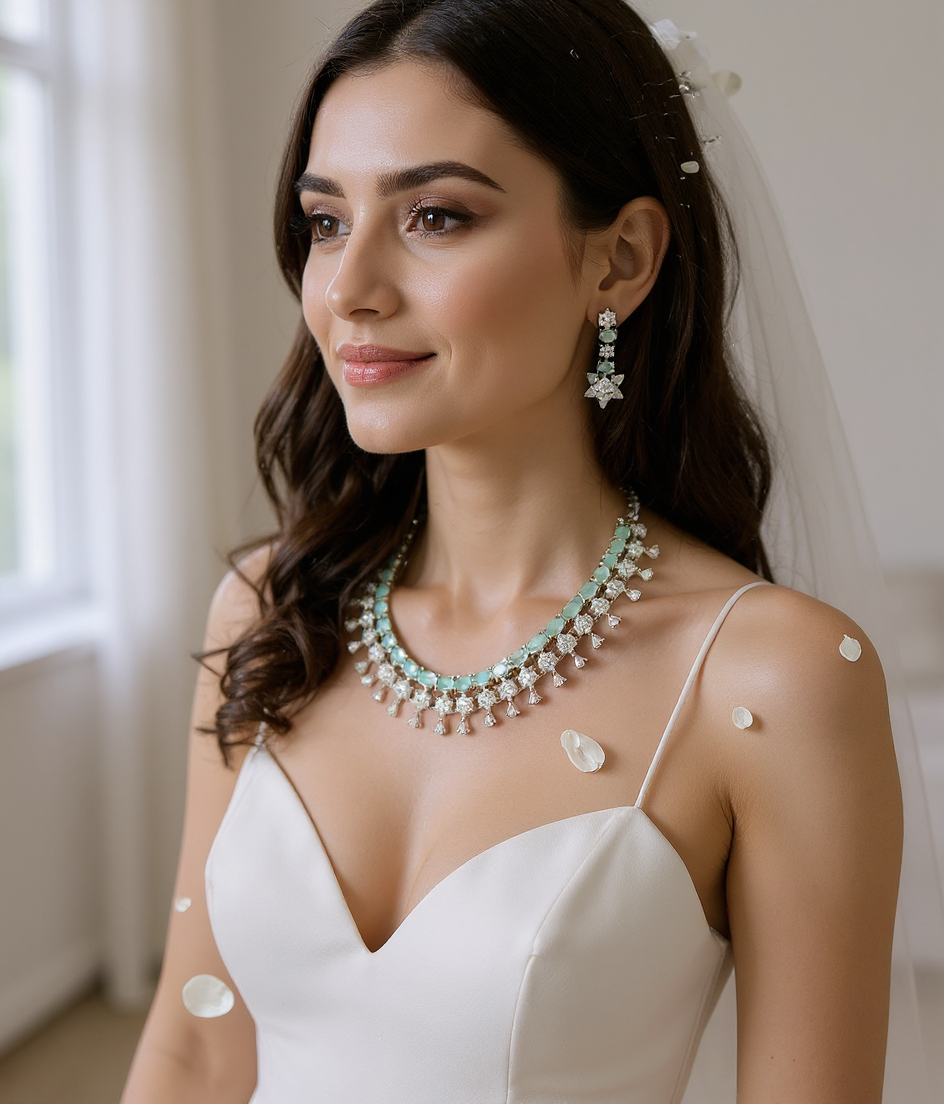 American Diamond Mint Green Necklace Set view 2