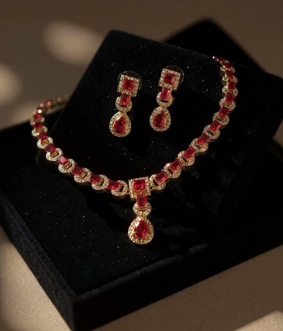 Red American Diamonds Necklace Set view 4