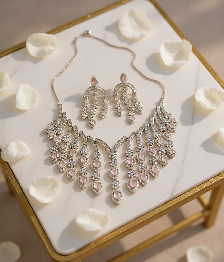 American Diamond Necklace Baby  Pink Set view 2
