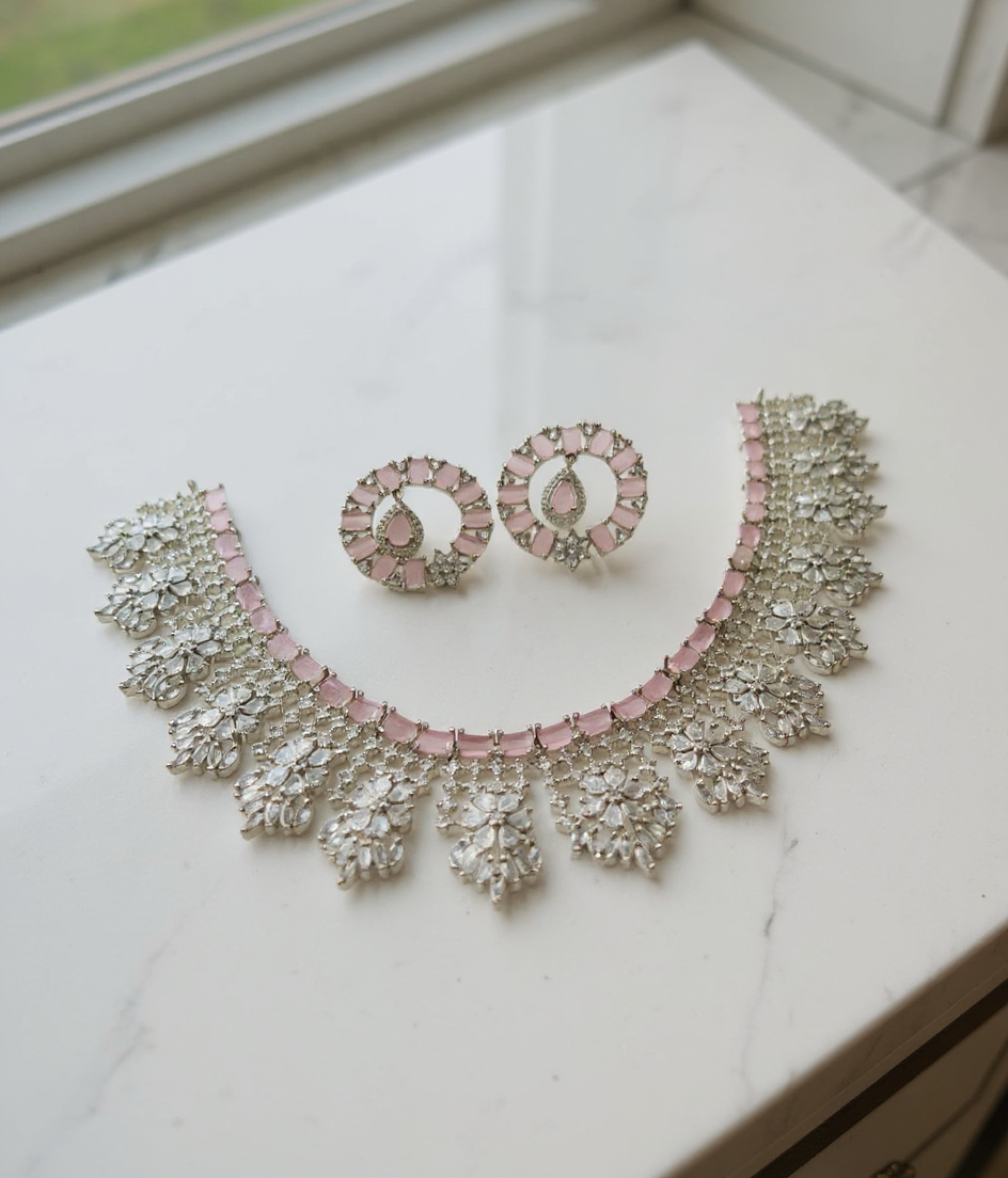 Pink American Diamond Necklace Set view 2