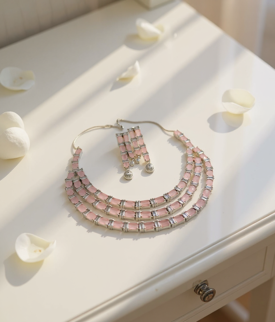 Pink 3 Layer American Diamond Set view 2