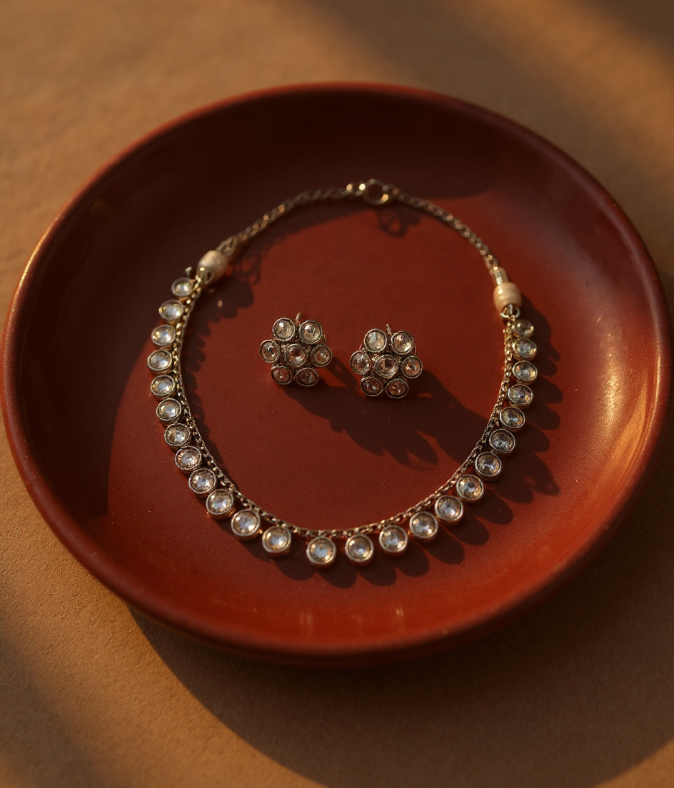 Silver American Diamond Necklace Set view 2
