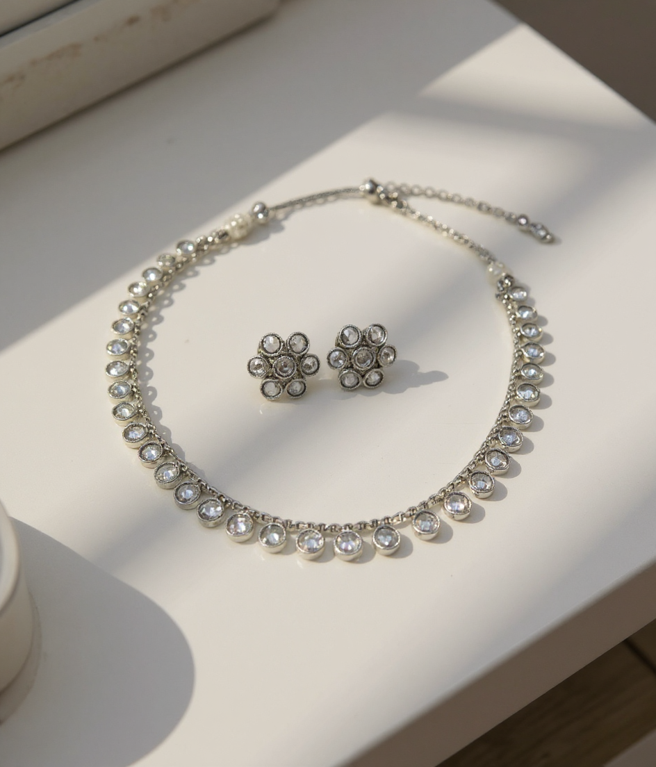 Silver American Diamond Necklace Set view 4