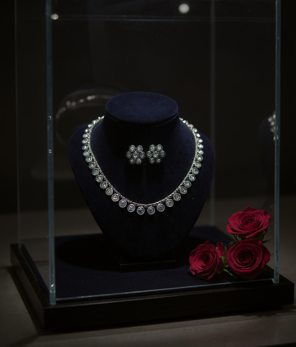 Silver American Diamond Necklace Set view 3