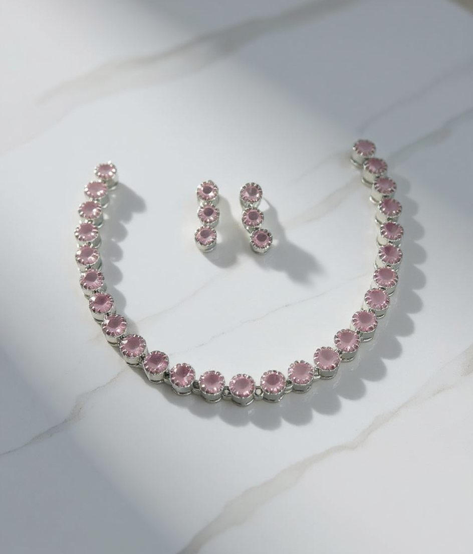 Pink Single Layer American Diamond Set view 2