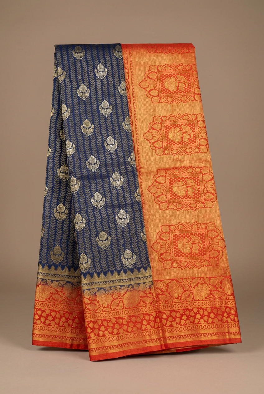 Navy Red Saree view 2
