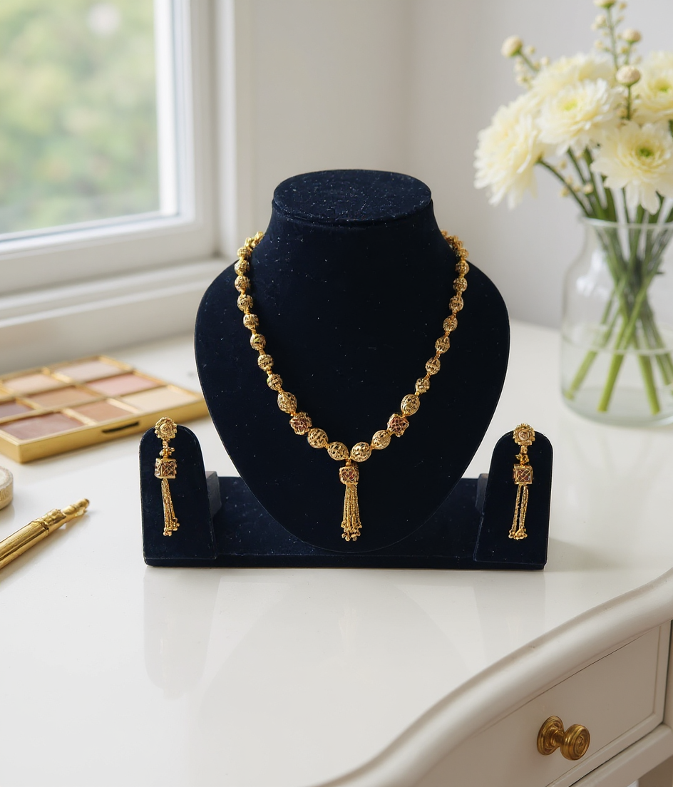 Premium Quality Golden Beaded Ruby Necklace Set view 2