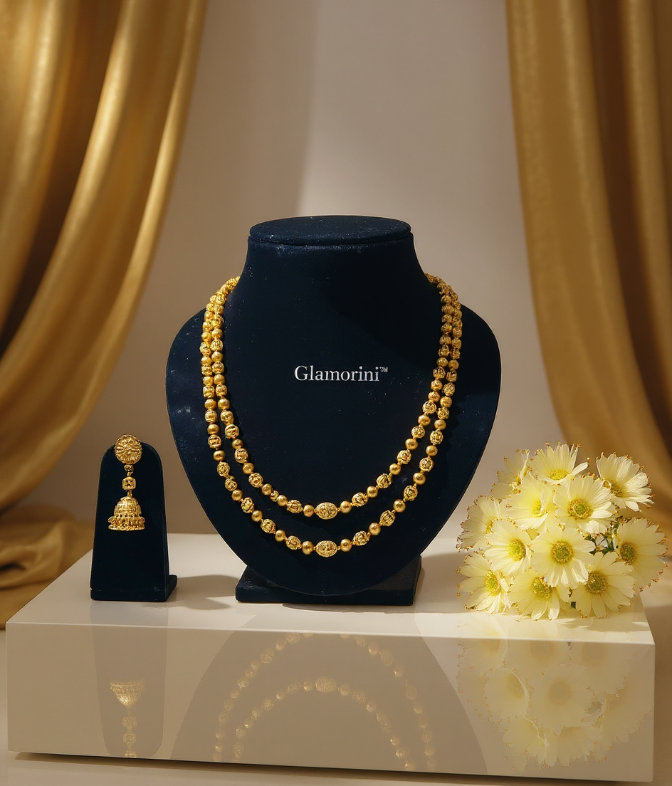 Premium Quality Golden Beads Double Layer Necklace Set view 3