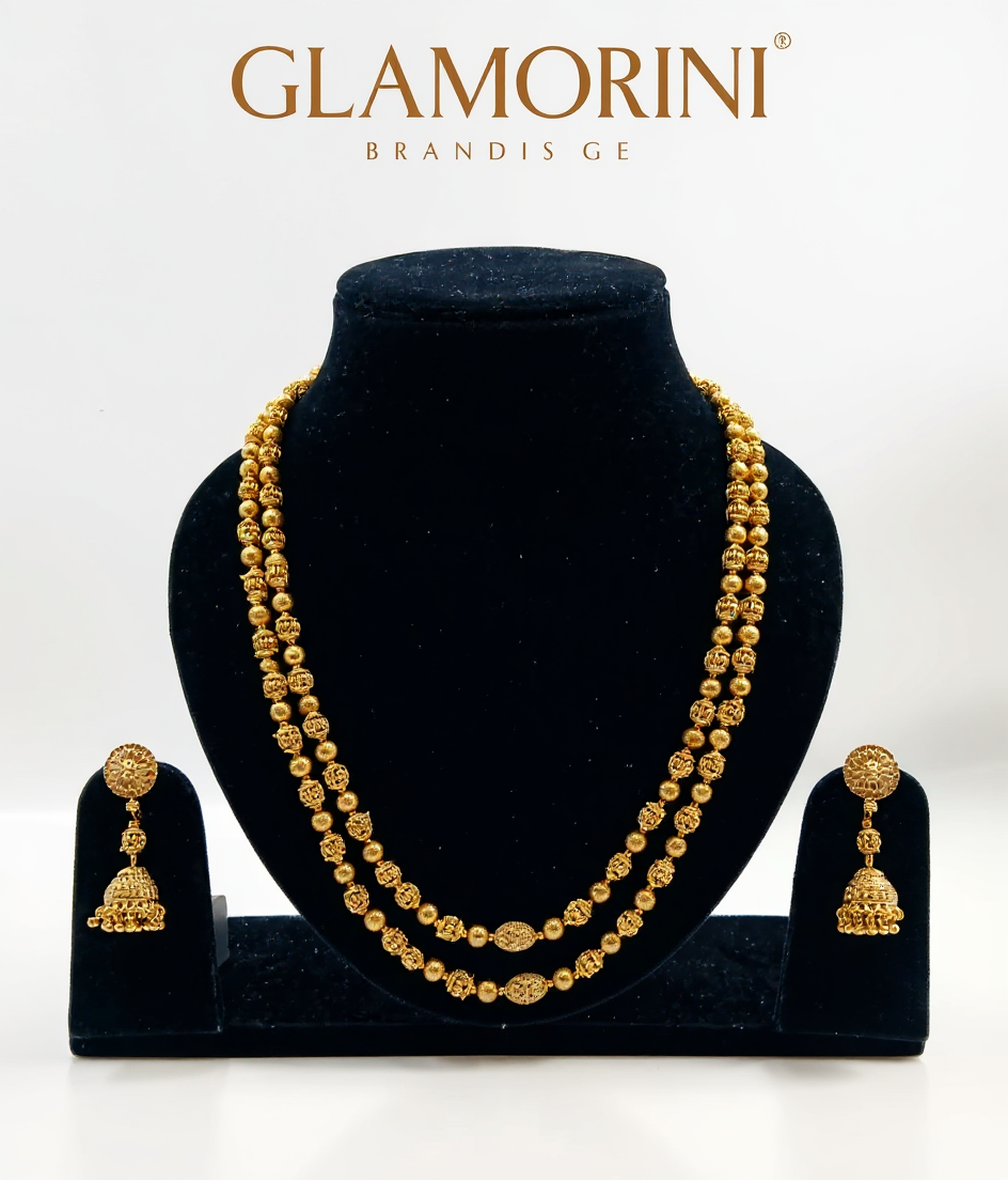 Premium Quality Golden Beads Double Layer Necklace Set view 4