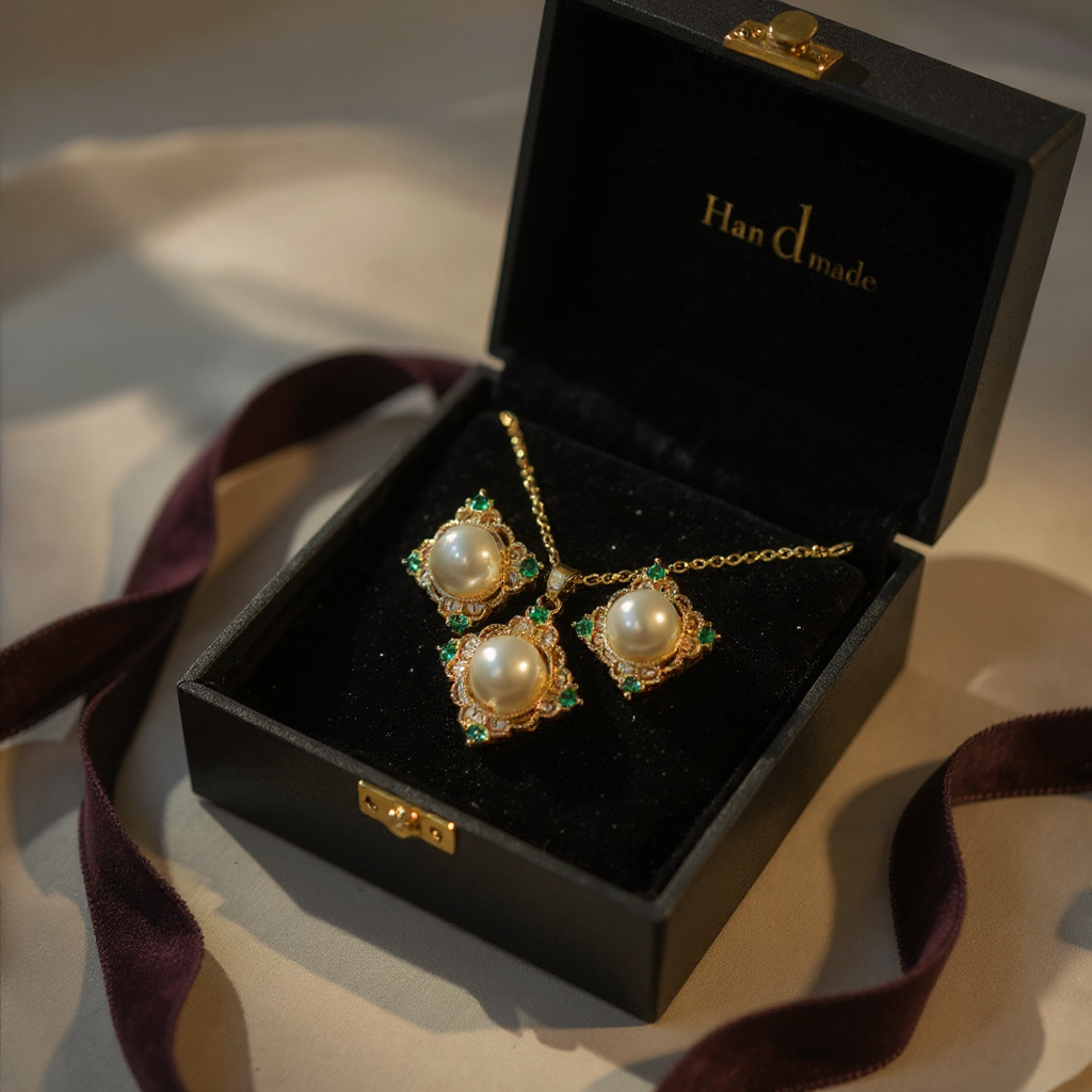 Pearl & Green Stone Pendant Set view 4