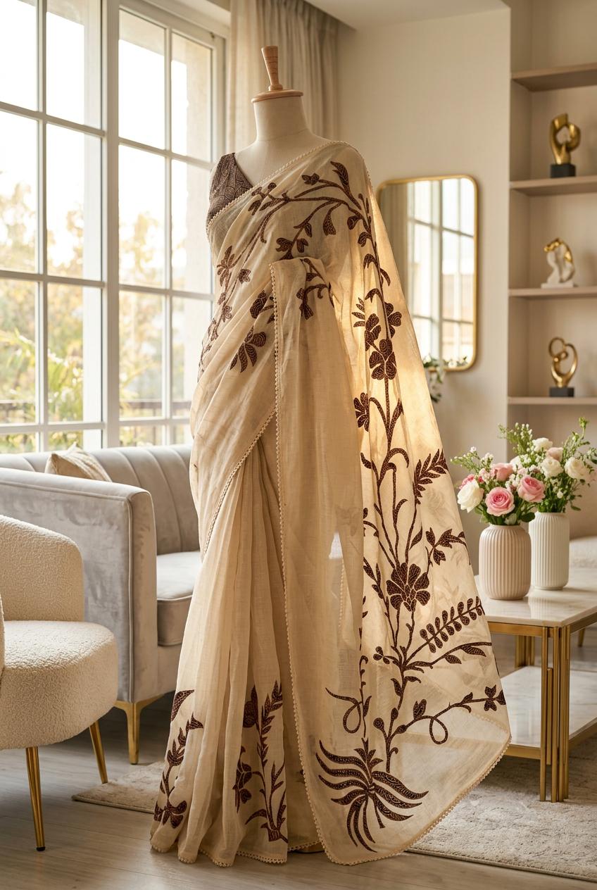 Shimmer Linen With Applic Work Saree 1