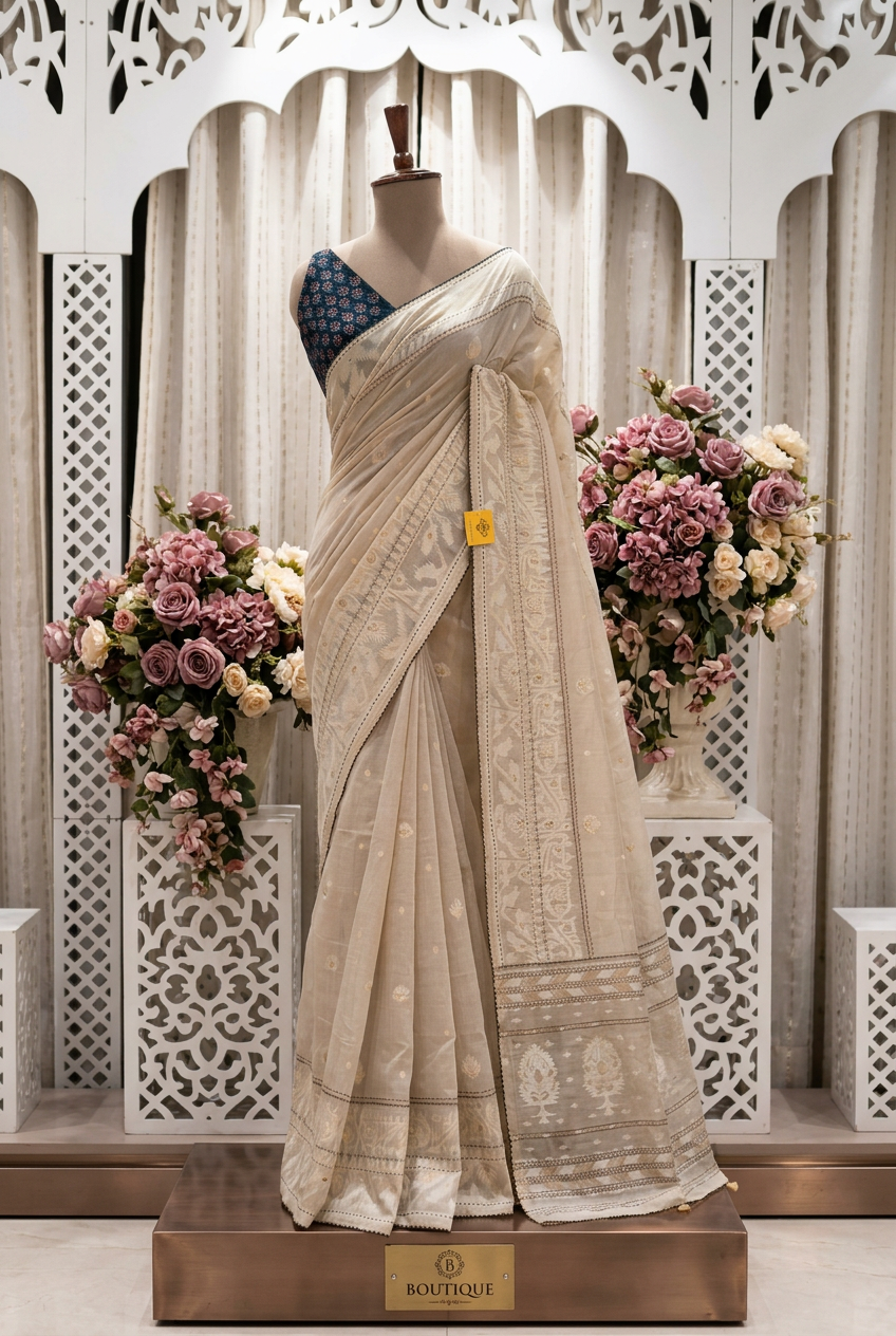 Chanderi Silk Jamdani And Kantha Work Saree