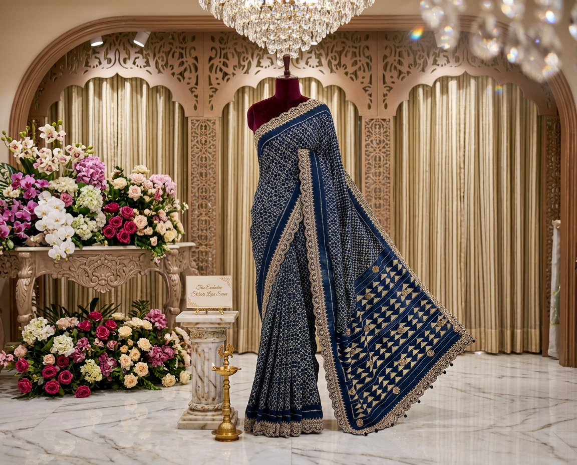 Designer Silk Saree With Hand Embroidery view 3