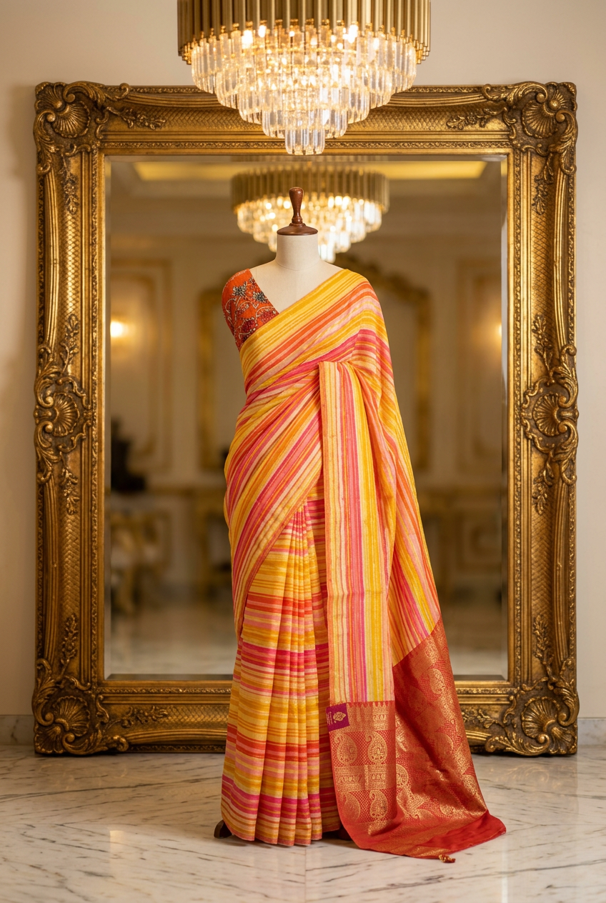 Georgette Saree With Resham Multicolor Stripe And Resham Palla view 3
