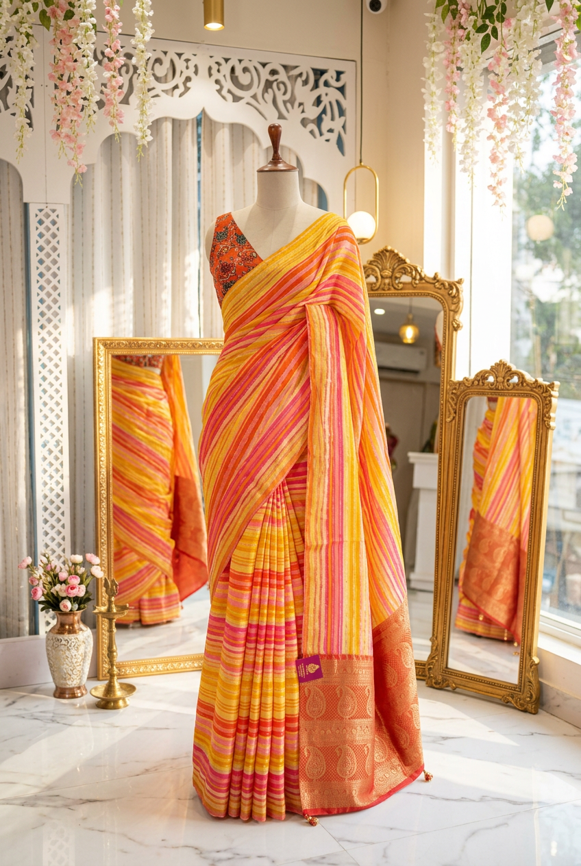 Georgette Saree With Resham Multicolor Stripe And Resham Palla
