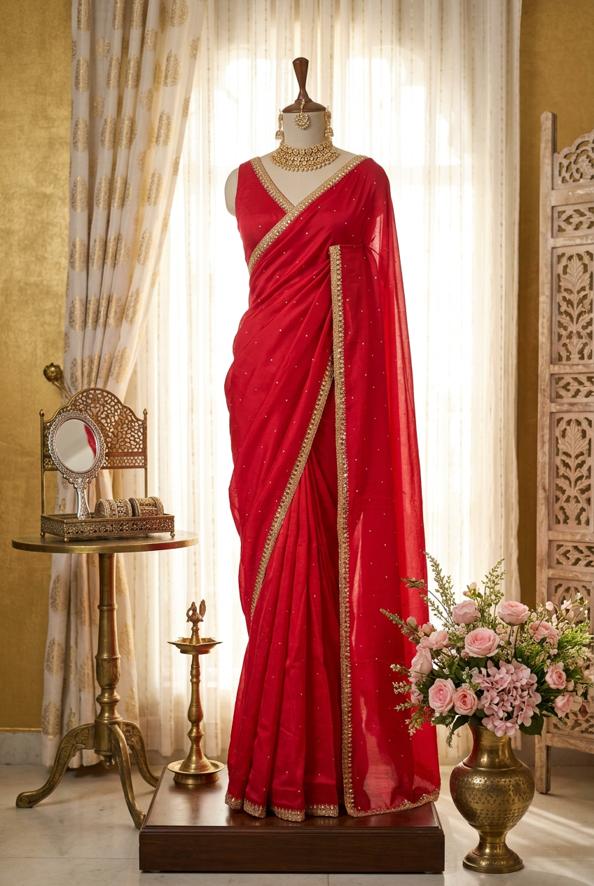Saten Creep Saree With Hand Work