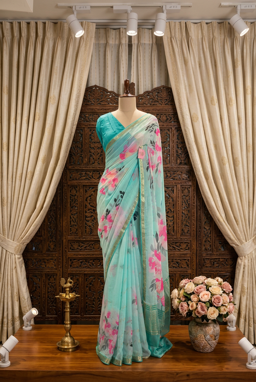 Digital Print Pure Chiffon Saree With Jerry Border