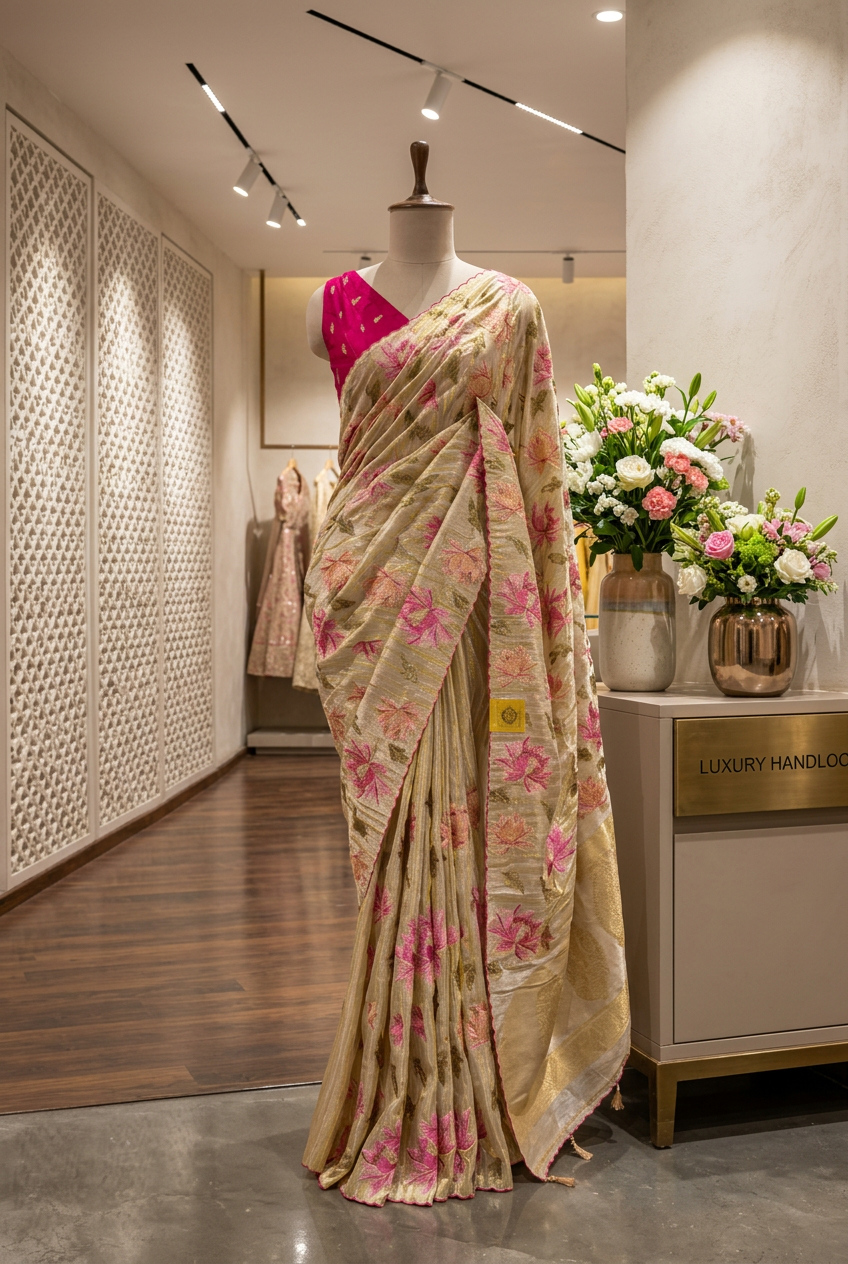 Tishu Silk Saree With Flower Embroidery view 4