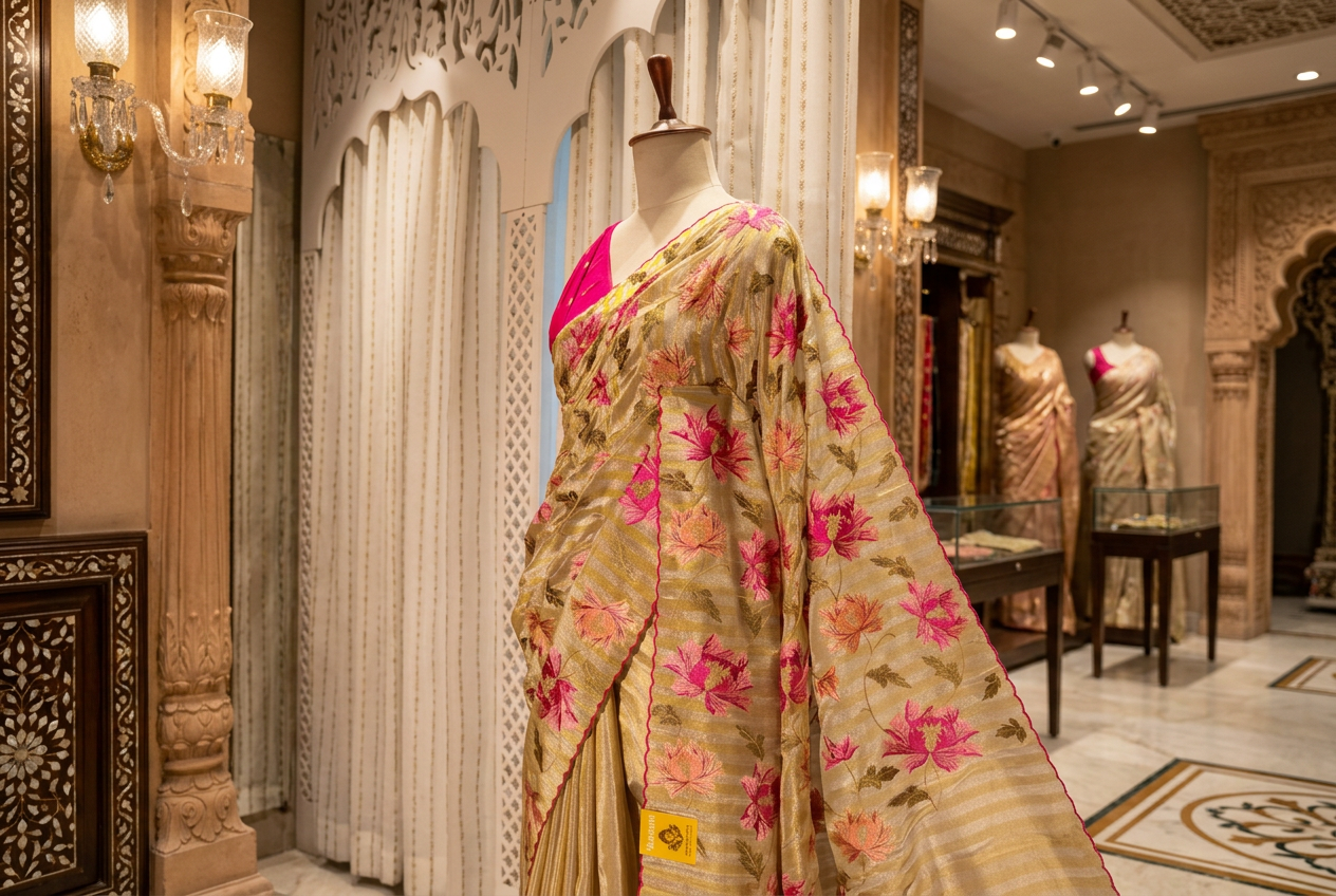 Tishu Silk Saree With Flower Embroidery view 3