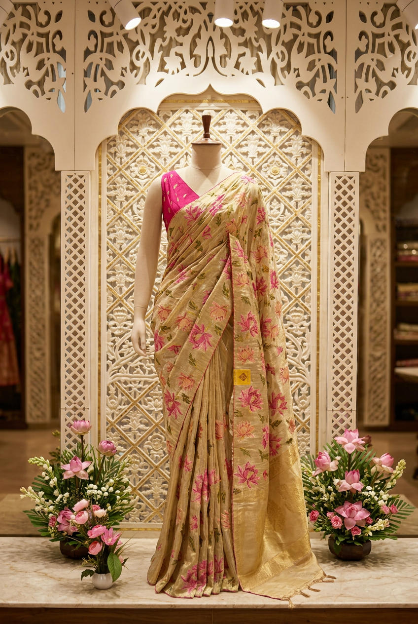 Tishu Silk Saree With Flower Embroidery
