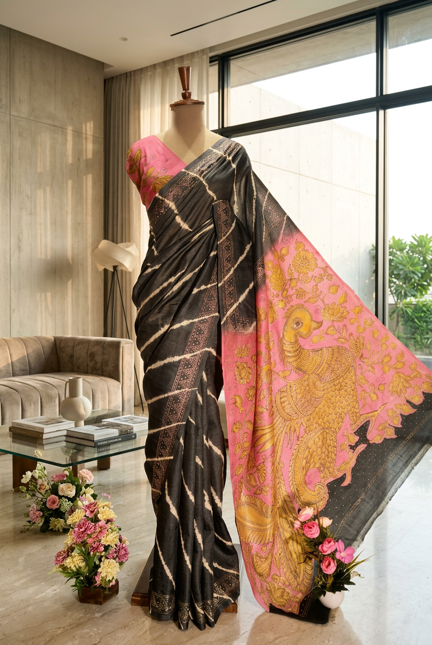 Pure Tushar Silk Saree With Aari Work view 5