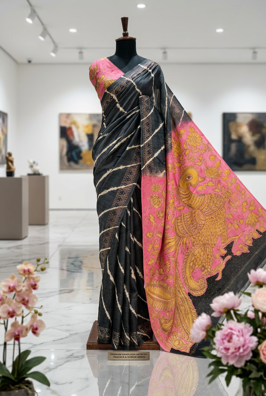 Pure Tushar Silk Saree With Aari Work view 3