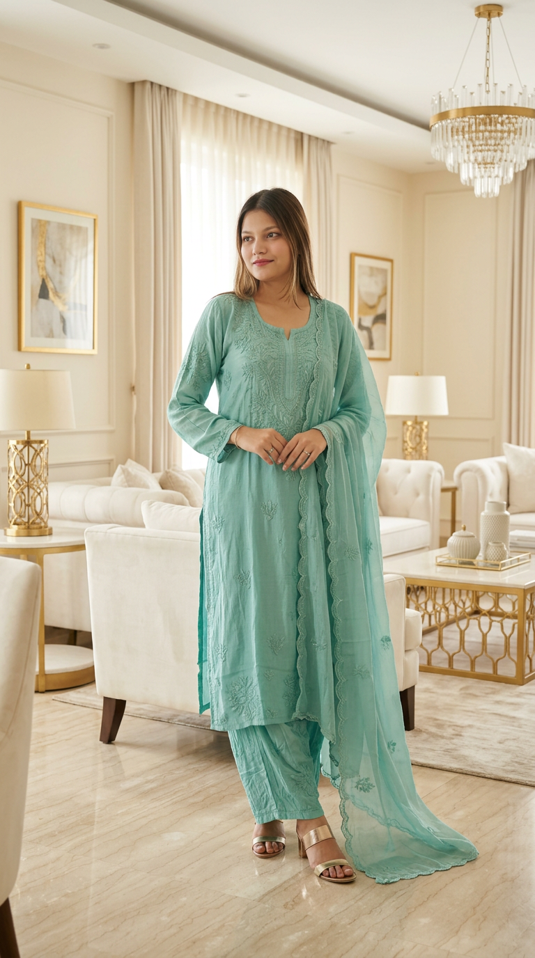 Lucknow Chikankari Hand Embroidered Muslin 3 Pc Set