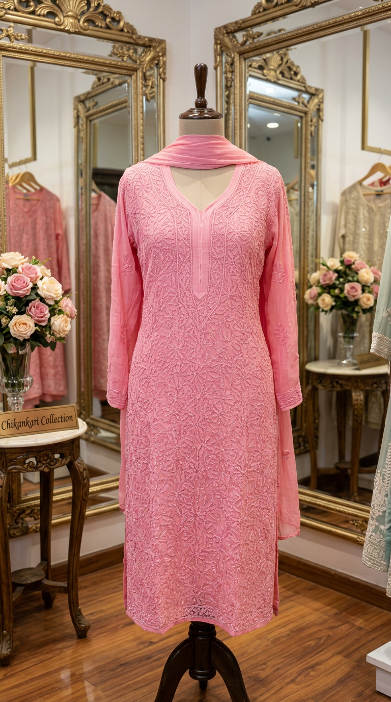 Lucknow Chikankaari Hand Embroidered Full Alower Work Viscose Georgette Kurti view 3