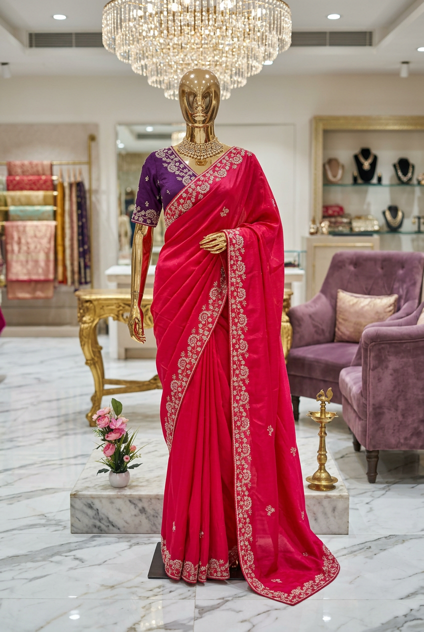 Satin Cream Designer Saree With Contrast Blouse And All Over Border Hand Work Blouse And Saree Both. view 3