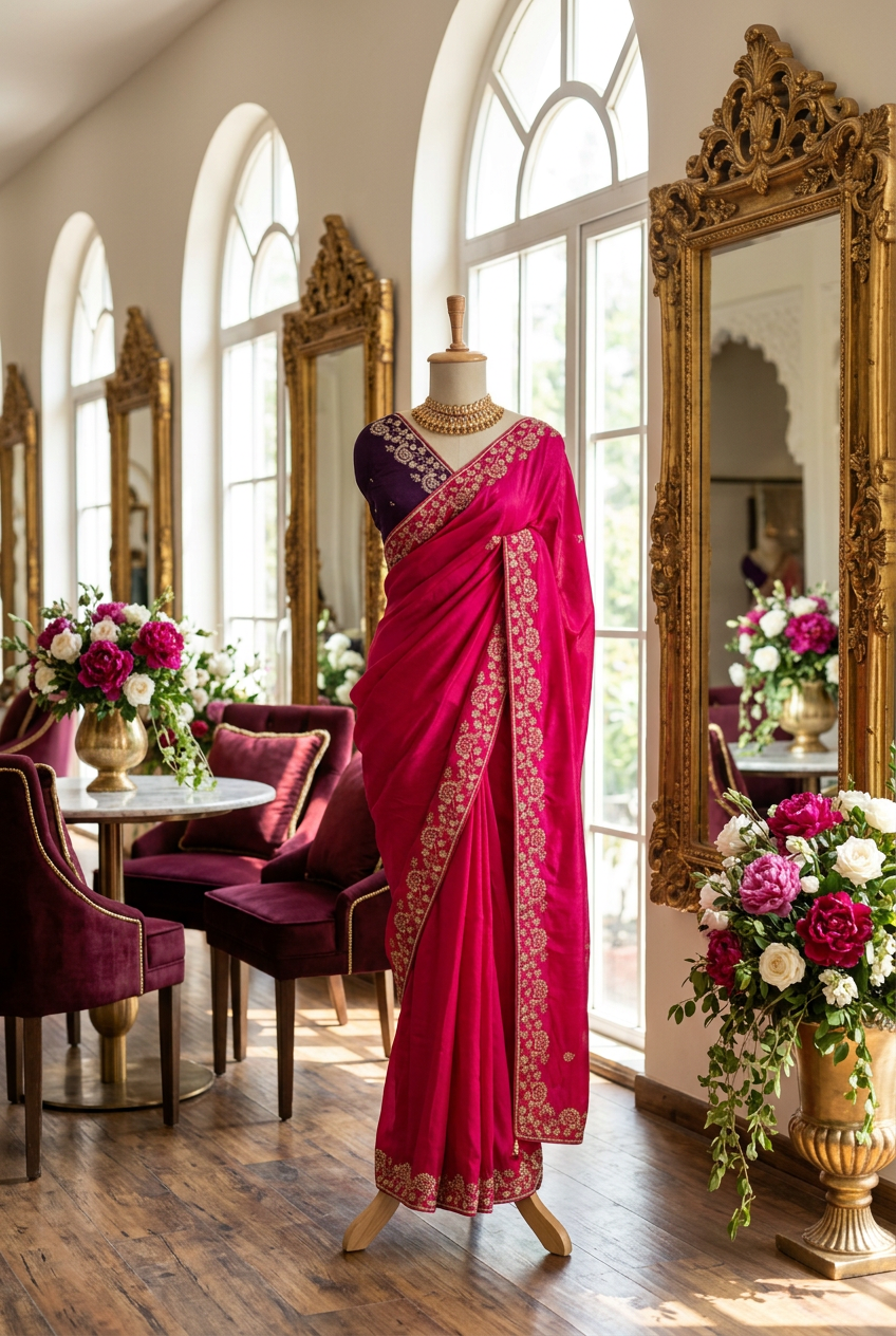 Satin Cream Designer Saree With Contrast Blouse And All Over Border Hand Work Blouse And Saree Both.