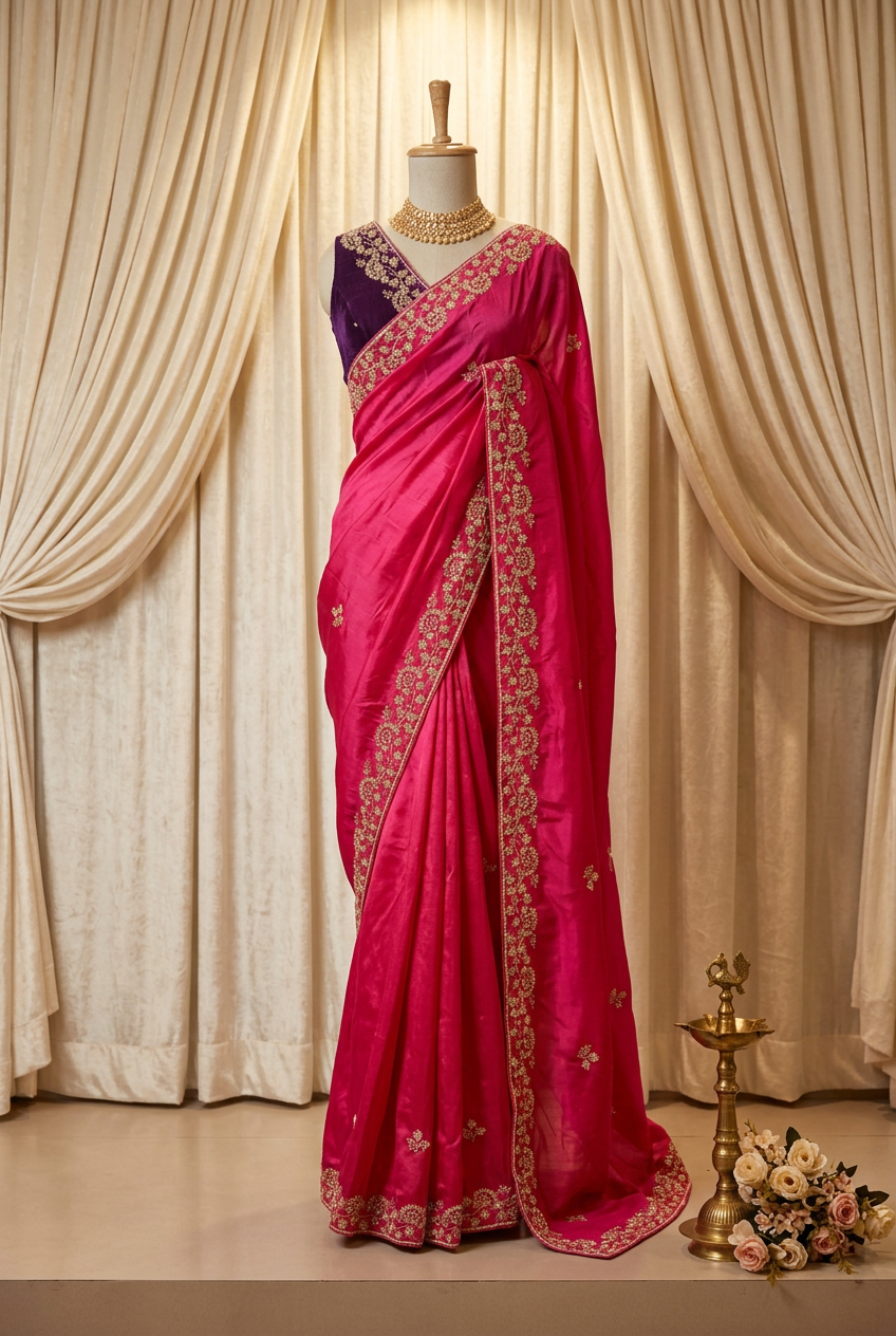 Satin Cream Designer Saree With Contrast Blouse And All Over Border Hand Work Blouse And Saree Both. view 2