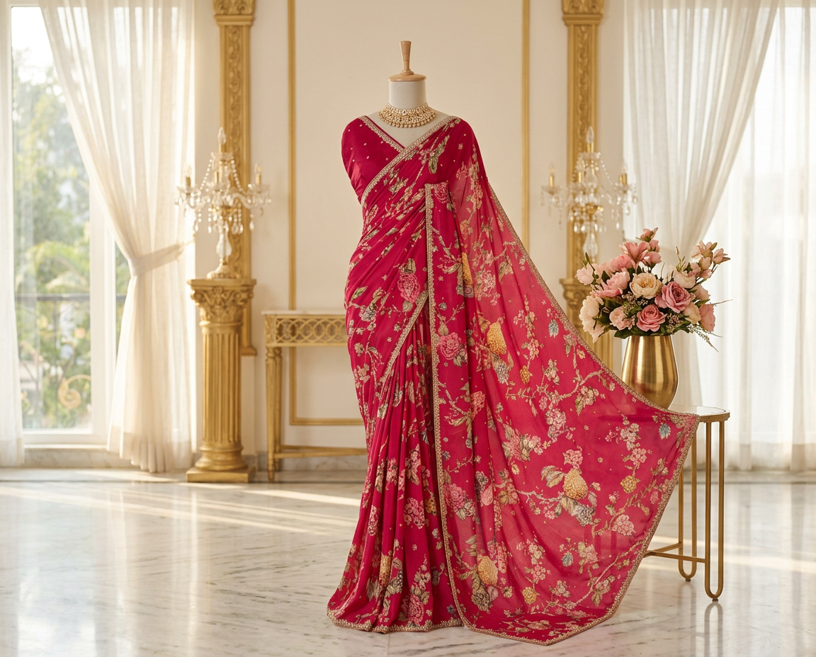 Pure Chinnon Digital Print With Hand Work Saree