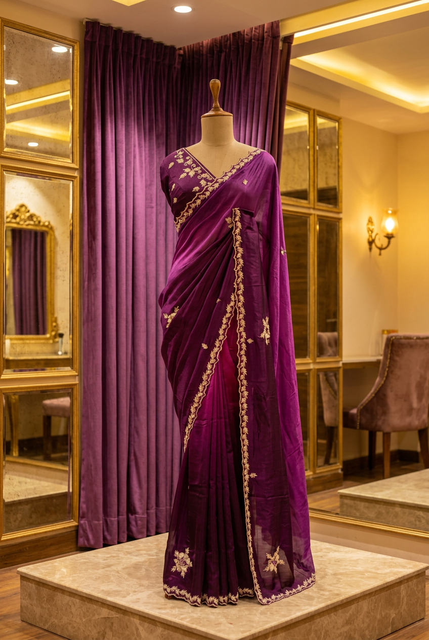 Designer Purple Silk Saree view 5