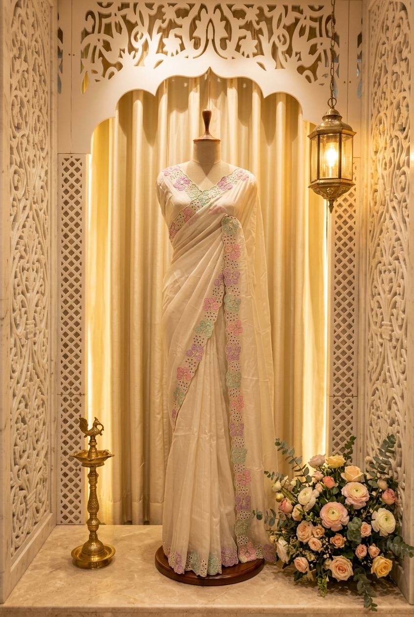 Designer Satin Creep Saree With Applic Work And Hand Work view 3