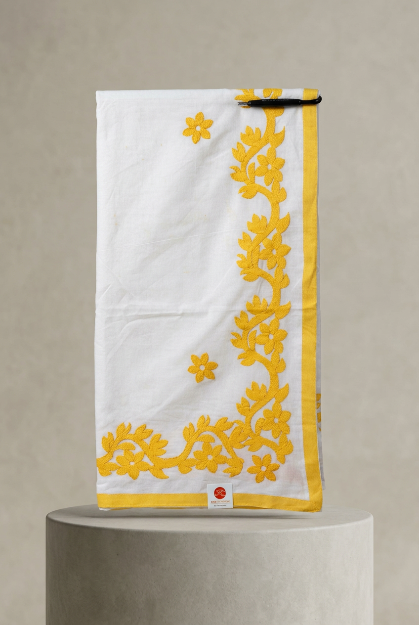 White Cotton Saree With Applique Work view 2