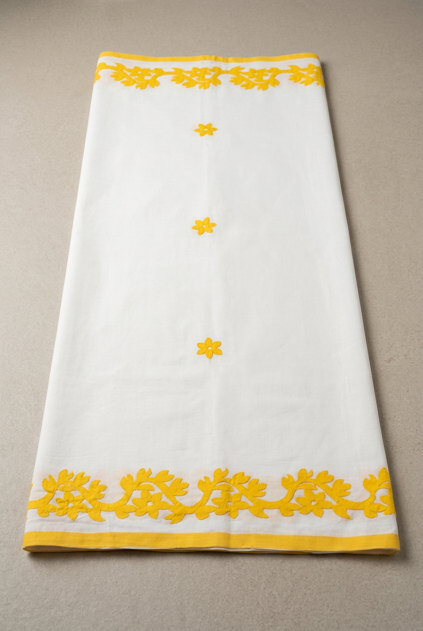 White Cotton Saree With Applique Work view 3