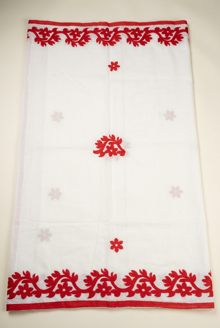 White Cotton Saree With Red Applique Work view 3