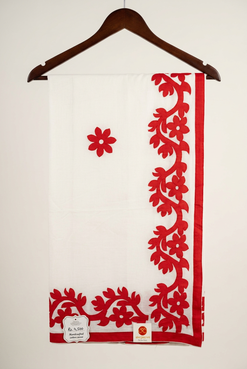 White Cotton Saree With Red Applique Work view 2