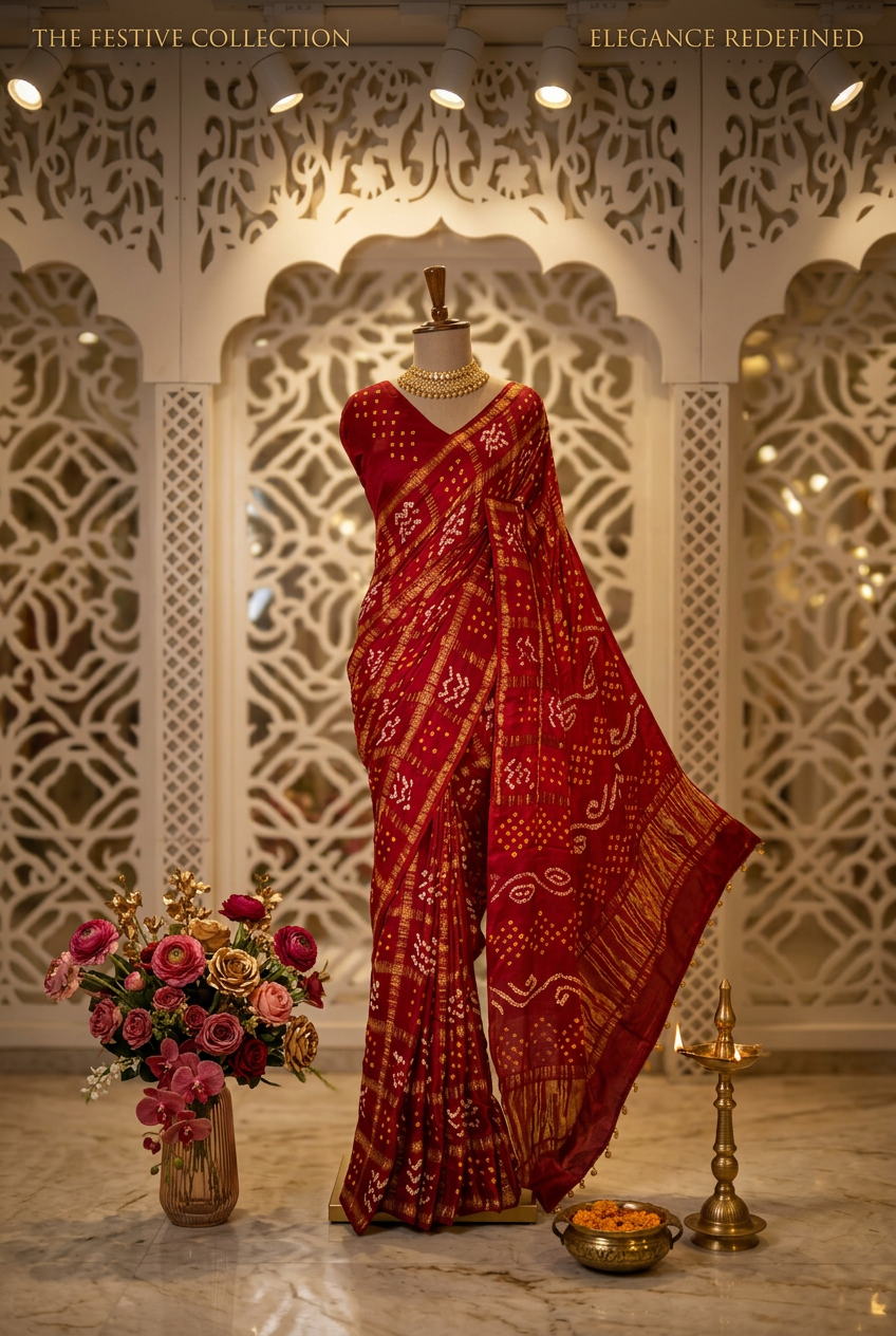 Modal silk gharchola hand bandhani saree view 4