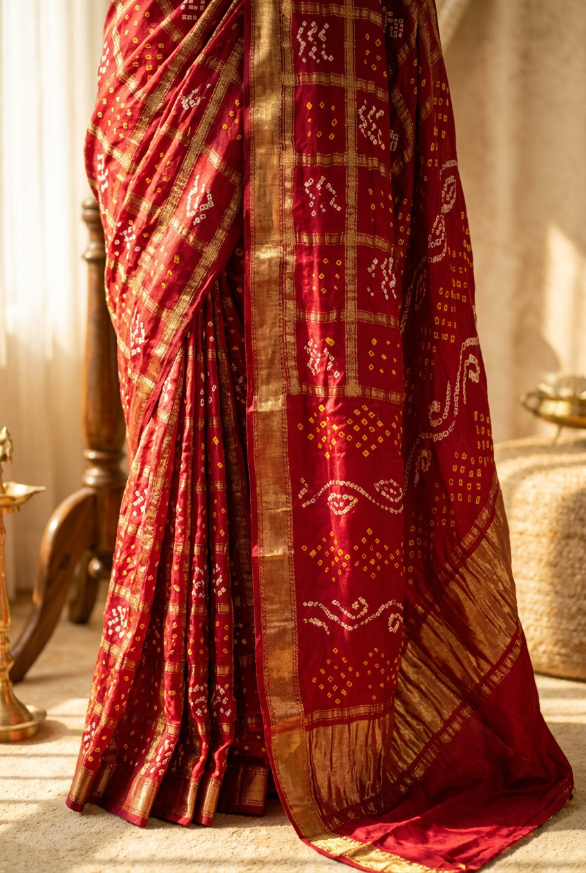 Modal silk gharchola hand bandhani saree view 3