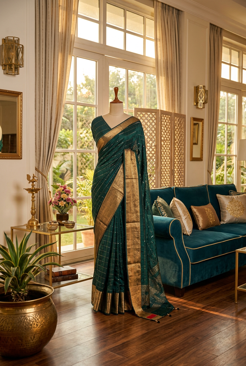 Banarasi border hank work russian silk saree view 4