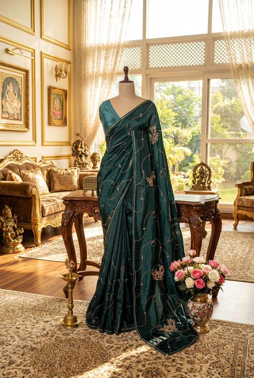 Fancy silk hand work saree cutdana, zardozi work